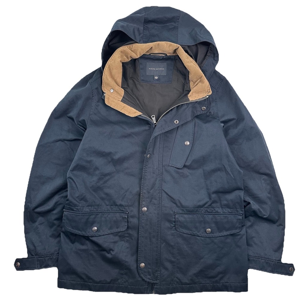 Banana Republic Men Large Navy Blue Field Jacket Corduroy Collar Removable Hood